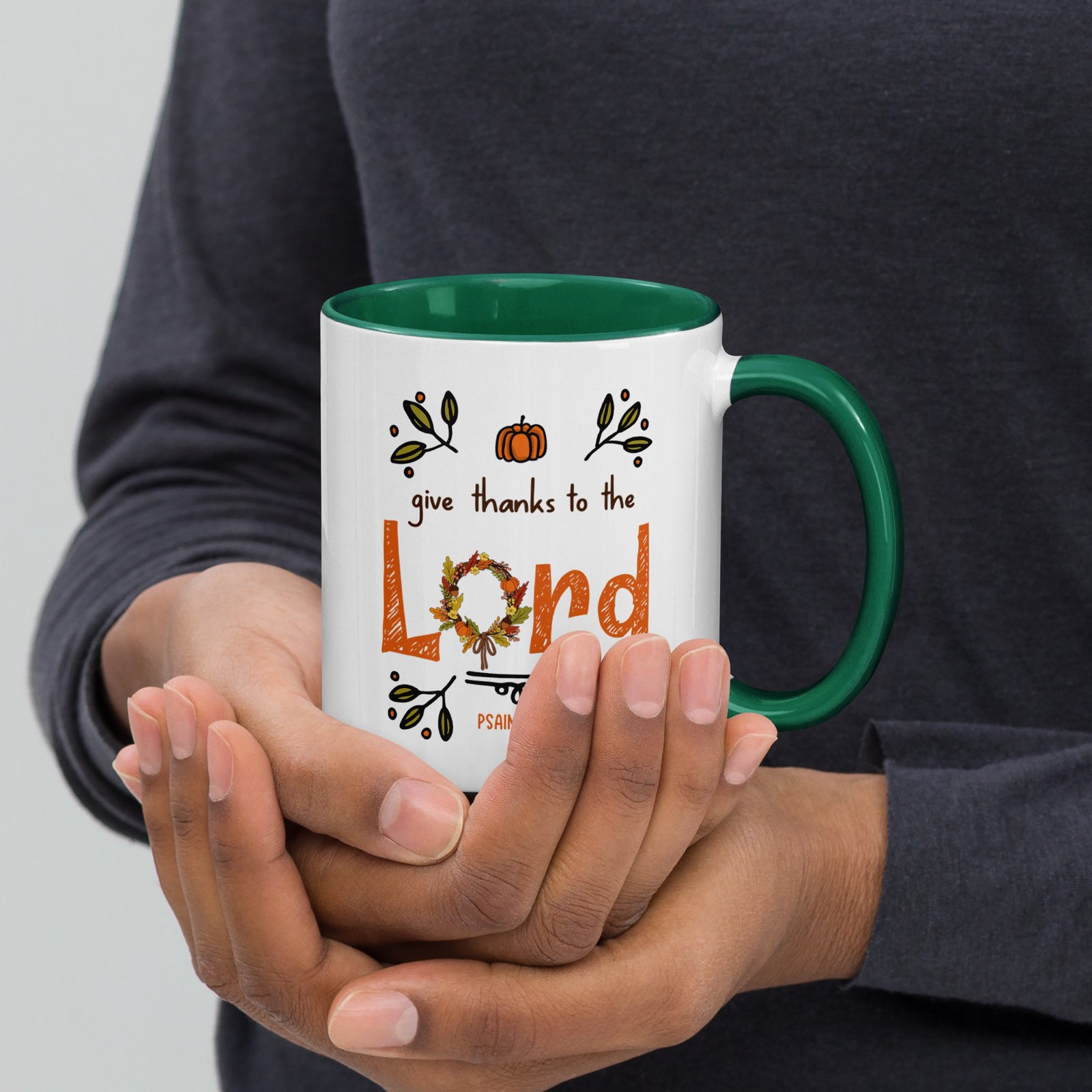 Give Thanks To The Lord (Thanksgiving) Green - Mug with Color Inside - Image 3
